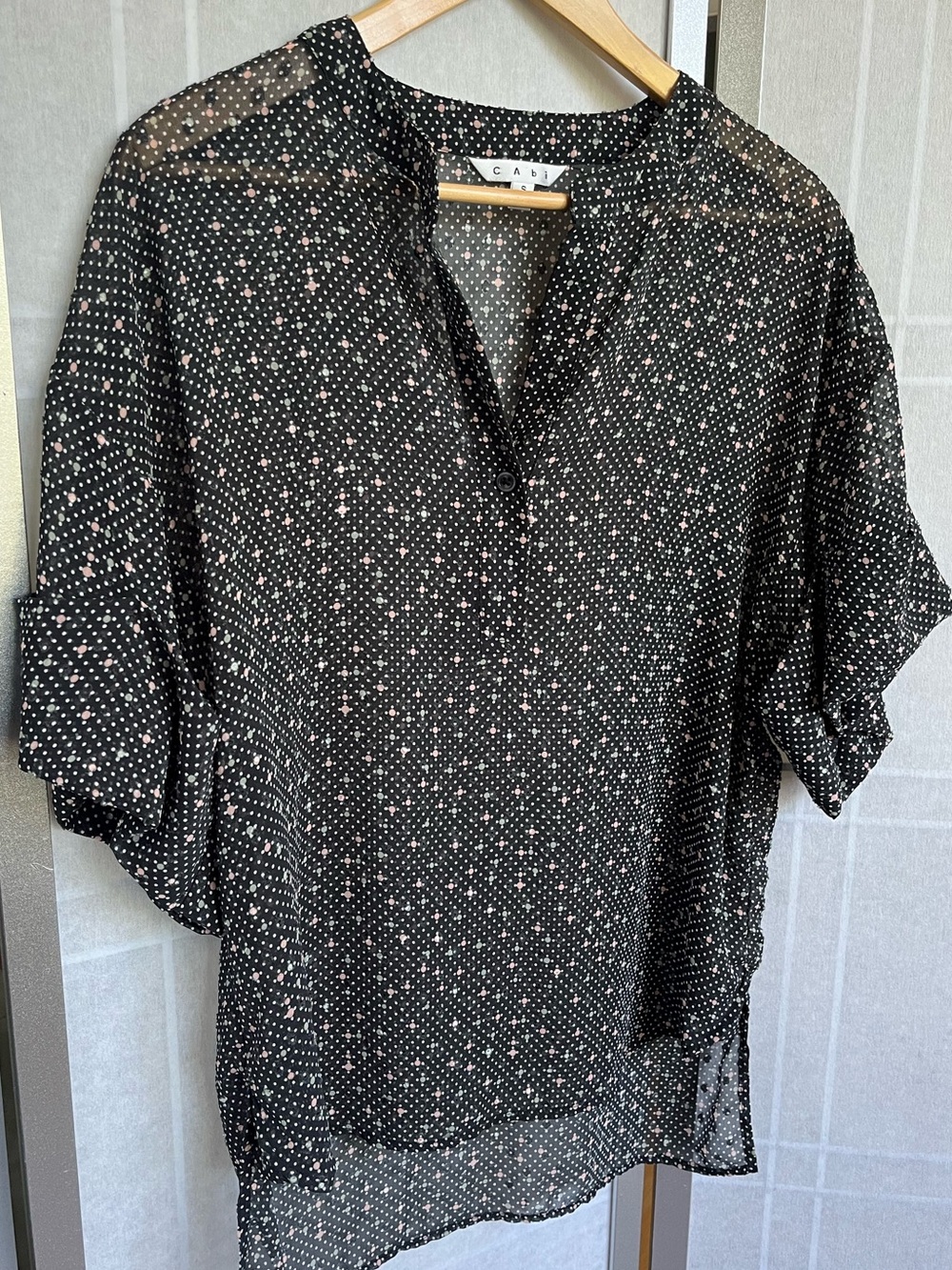 CAbi Sheer Swiss Dot Blouse 239 Black Relaxed Fit Lightweight Airy Size S